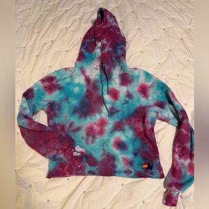 Aviator Nation Hand Dyed Pullover Crop Hoodie - Tie Dye Turquoise, Size Small